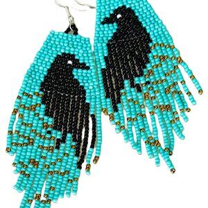 Hand Beaded Turquoise Black Ravens Crows Seed Bead Tasseled Dangle Earrings New